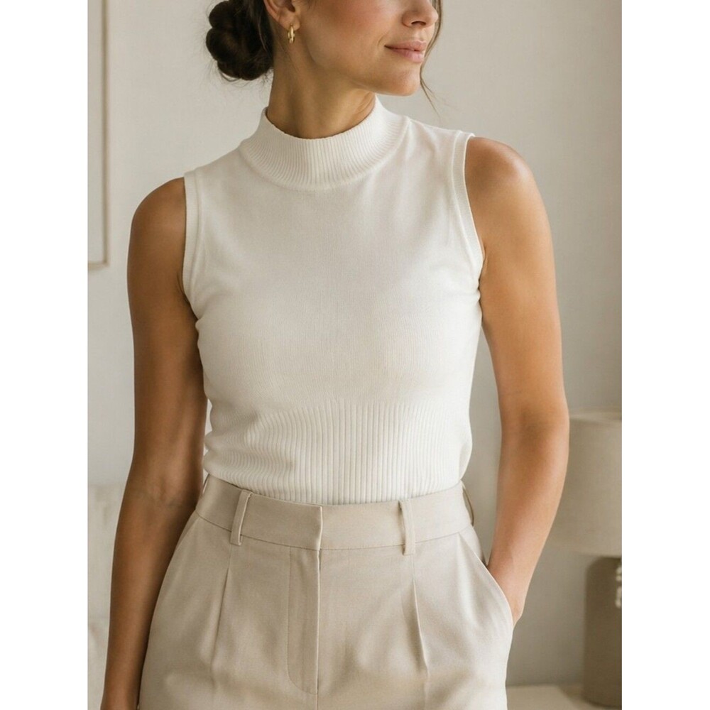 VTG Shell/Sweater Mock Neck Cream Sleeveless L Tank Quiet Luxury Clean Gril